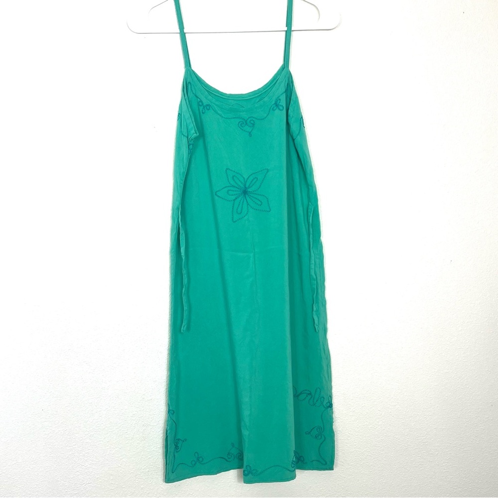 Teal vintage spaghetti strap dress with floral embroidered details S